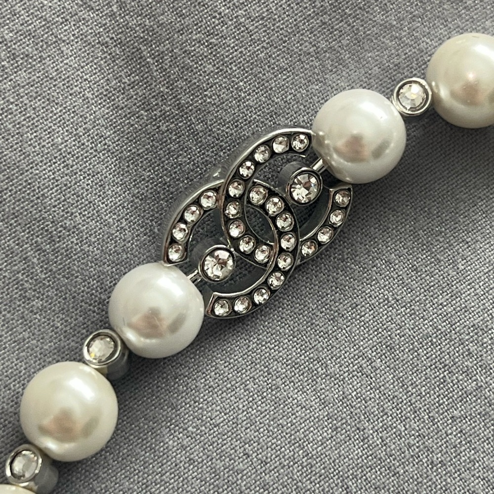 Chanel CC Crystal Pearl Bracelet Stainless Steel Faux Pearl Adjustable 6.5-9” - Picture 9 of 16